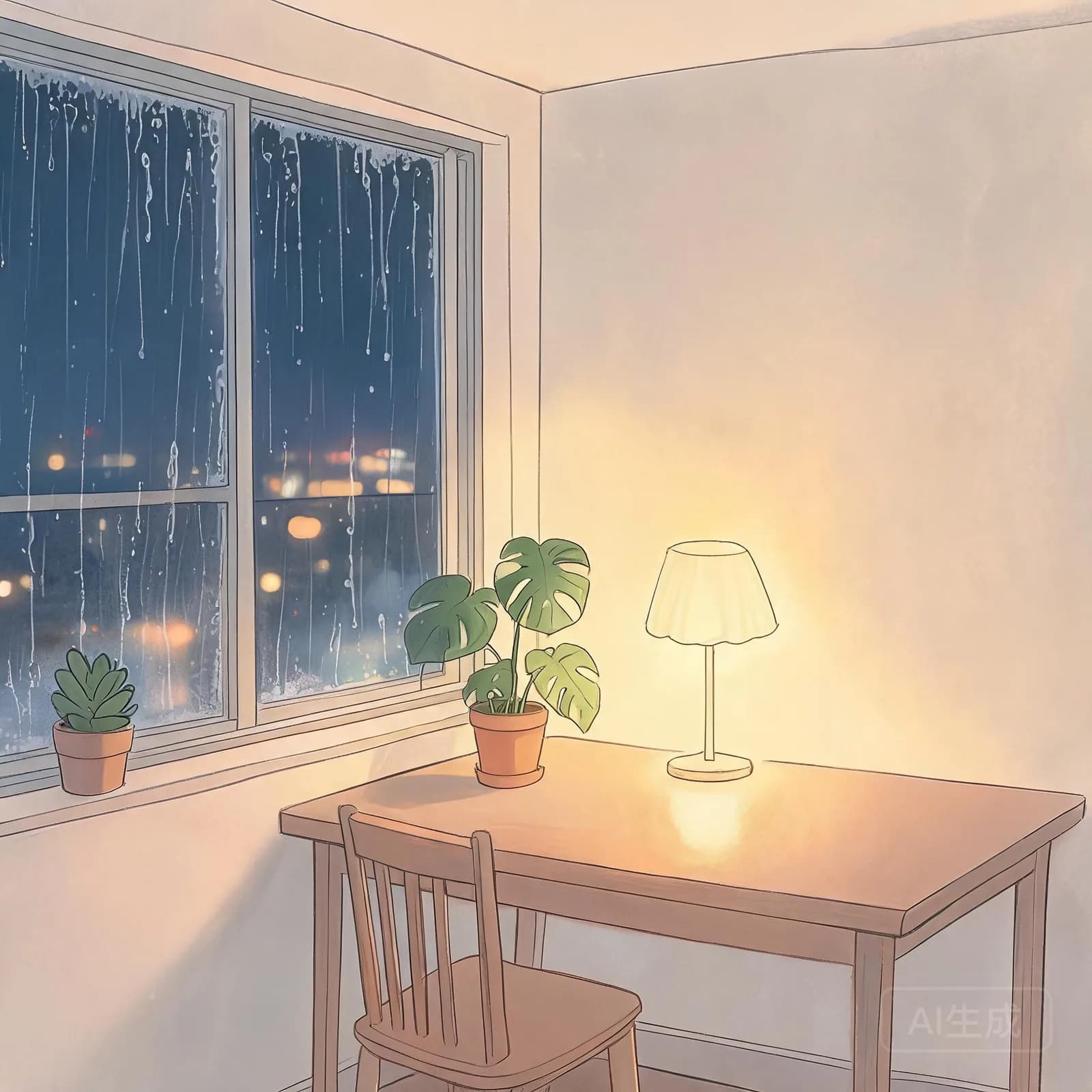 Illustrated rainy-night room artwork for After Hours