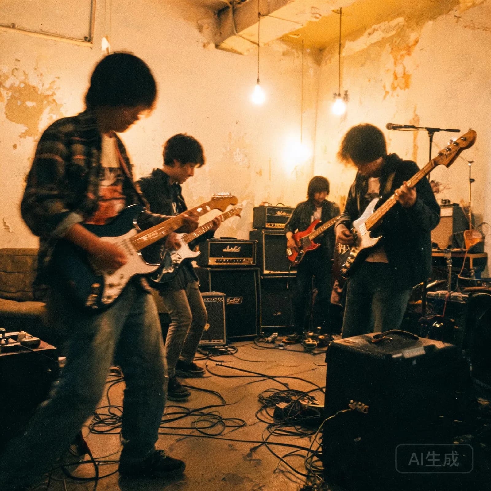 Grainy 35mm rehearsal-room band artwork for Runaway Lights