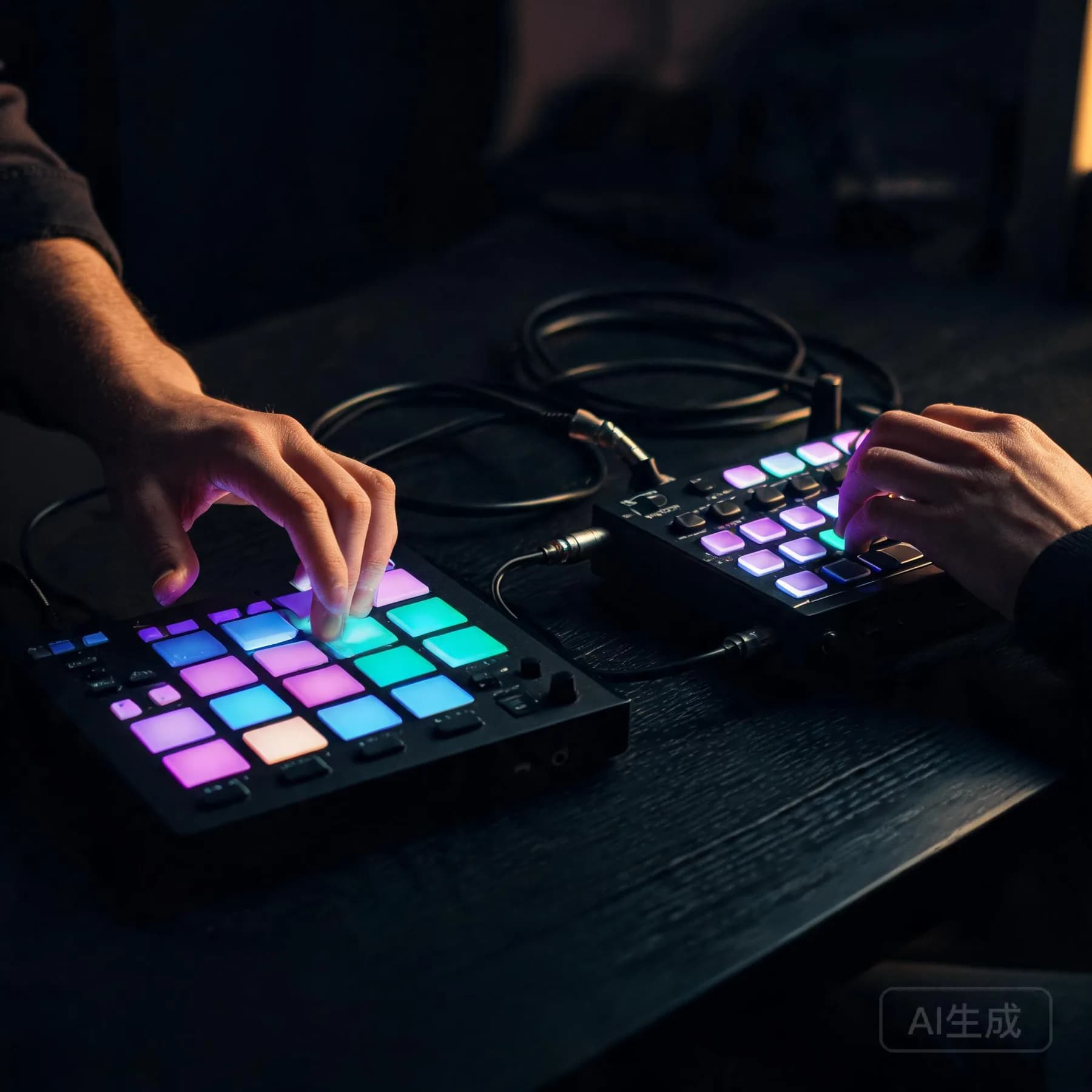 Hands playing a glowing drum machine and MIDI pads