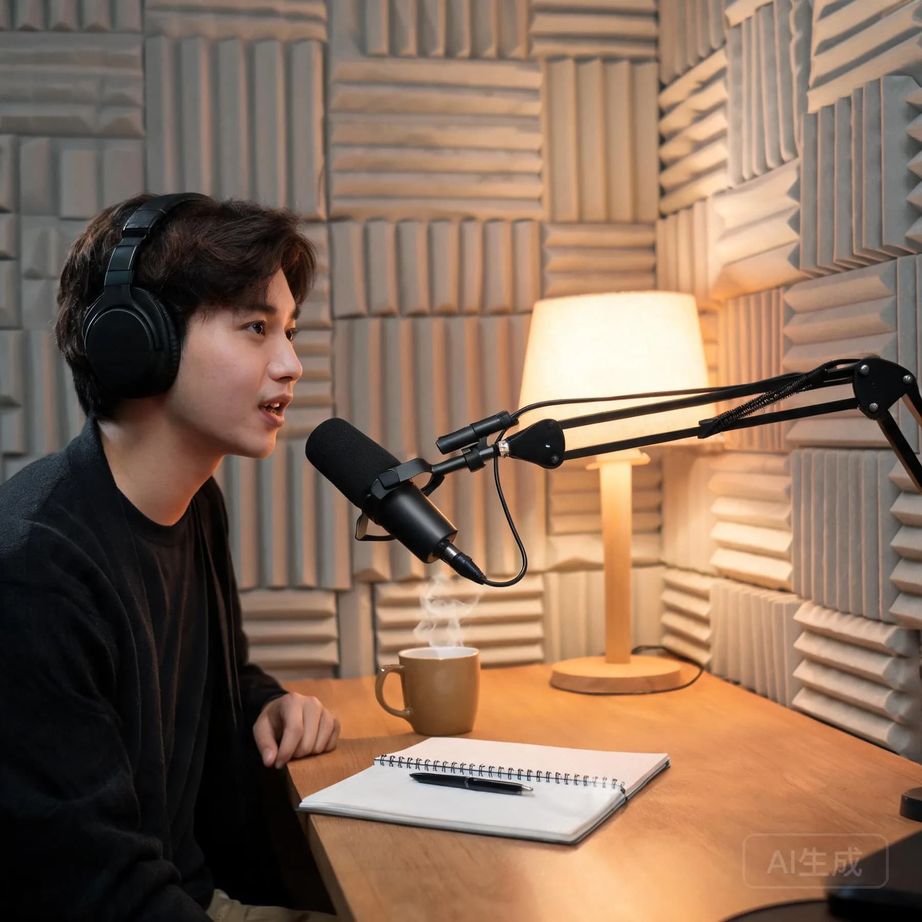 Podcaster recording with headphones at a warm desk