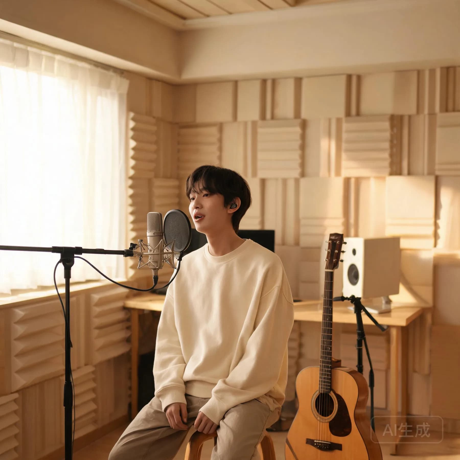 Vocalist recording in a warm home-studio booth