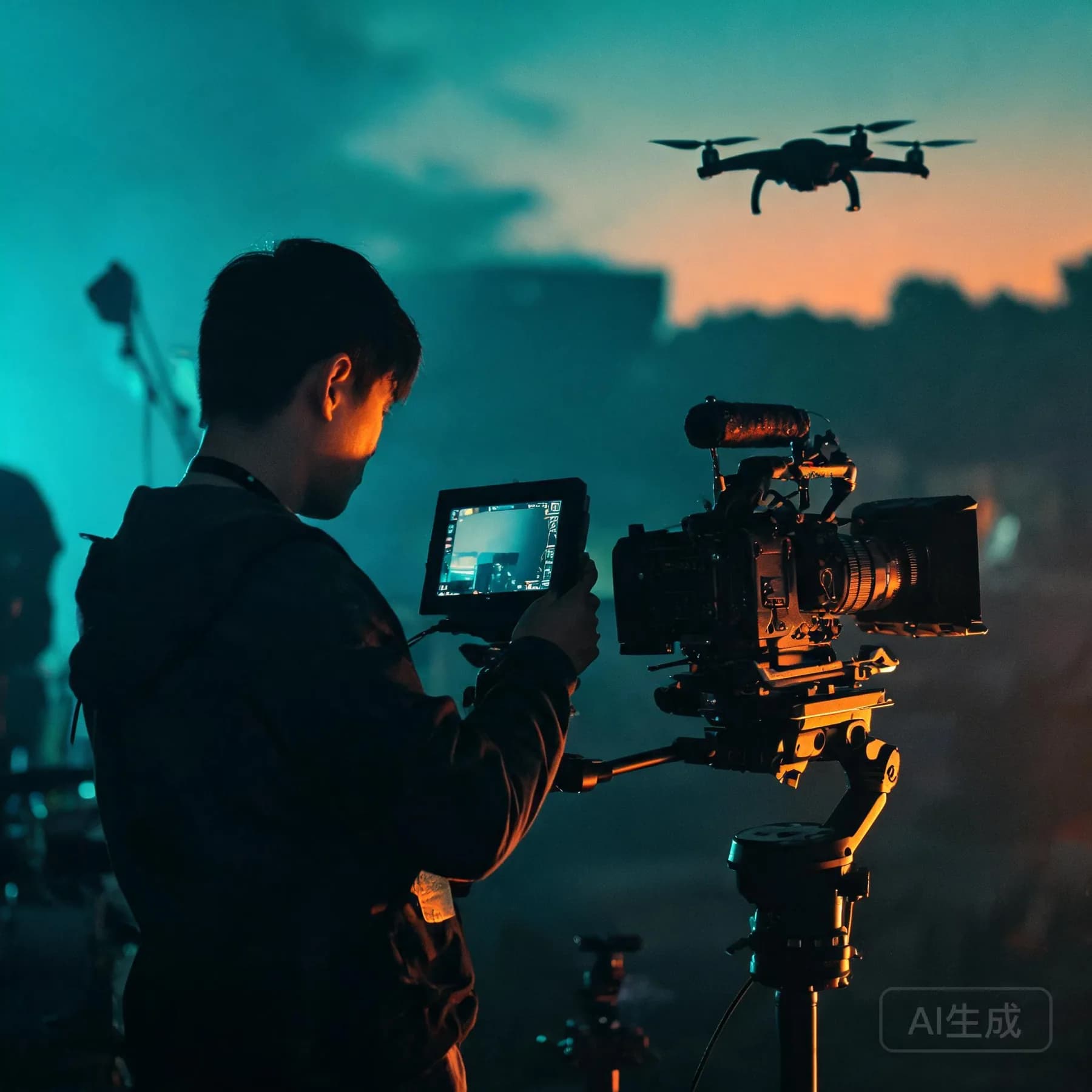 Filmmaker reviewing a monitor on a moody film set